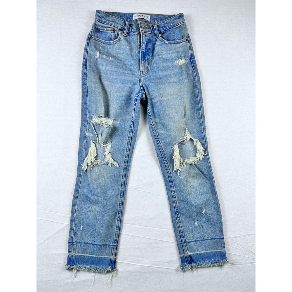 Abercrombie & Fitch High Rise Mom Jean Light Wash Distressed Blue Denim Size 25